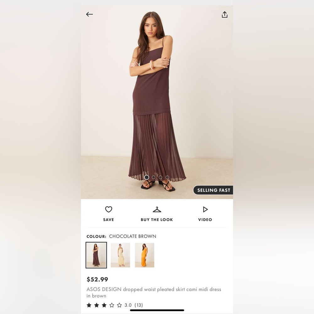 NWT ASOS Design dropped waist pleated skirt cami midi dress in brown